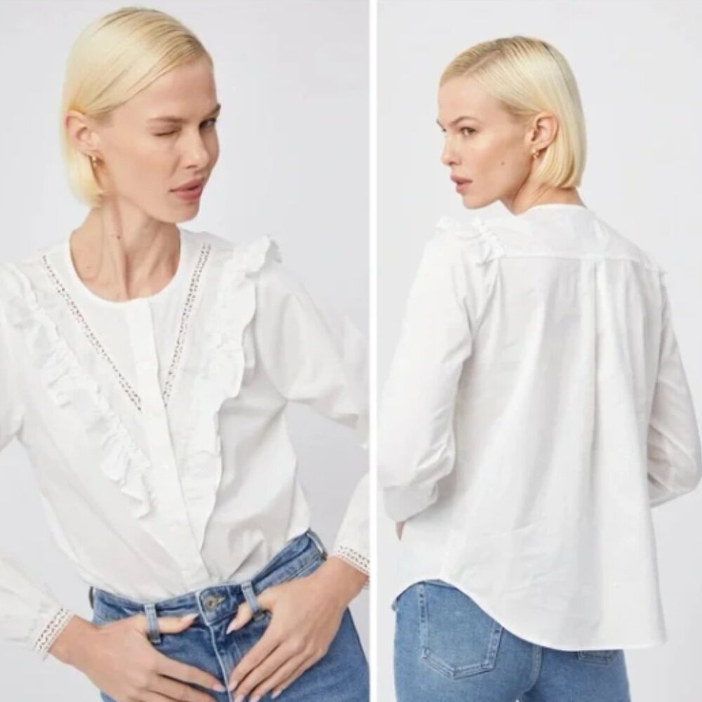 Rochelle Behrens white button down lace trim L Large